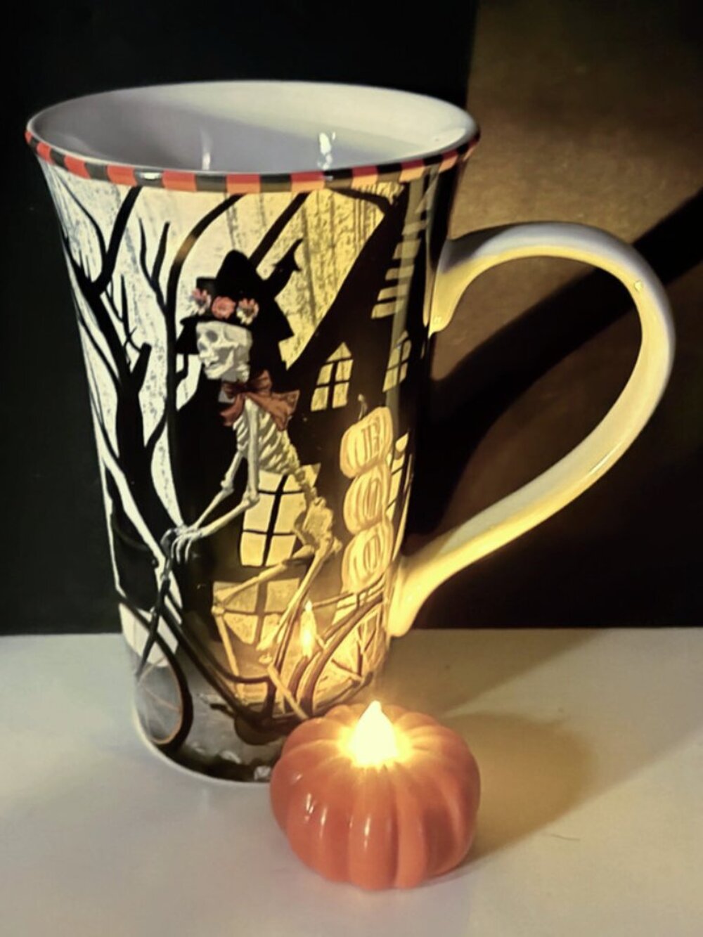 Halloween "Bicycle Skeleton" Tall Coffee/Latte Mug, 222 Fifth, Circa 2018-2020